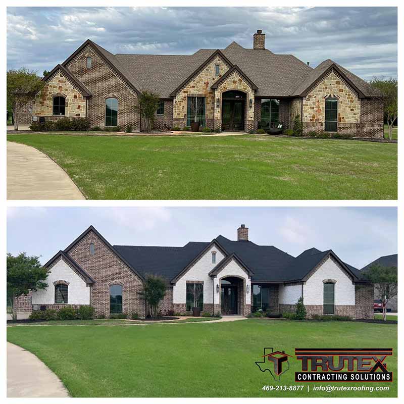 Before and after image of a large residential home with a brown shingle roof but has new black shingles and white siding installed by Trutex