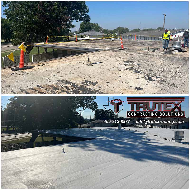 Before and after image of a large commercial roof getting a full flat white roof replacement by {BuisnessName}